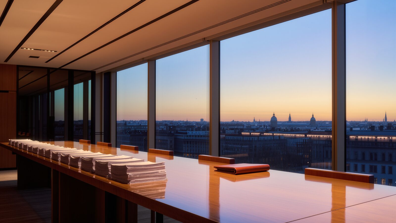 Un edificio istituzionale europeo in vetro all'ora blu, con una sala riunioni moderna affacciata sullo skyline di una città: l'immagine richiama la scadenza regolatoria del 2 agosto 2026.