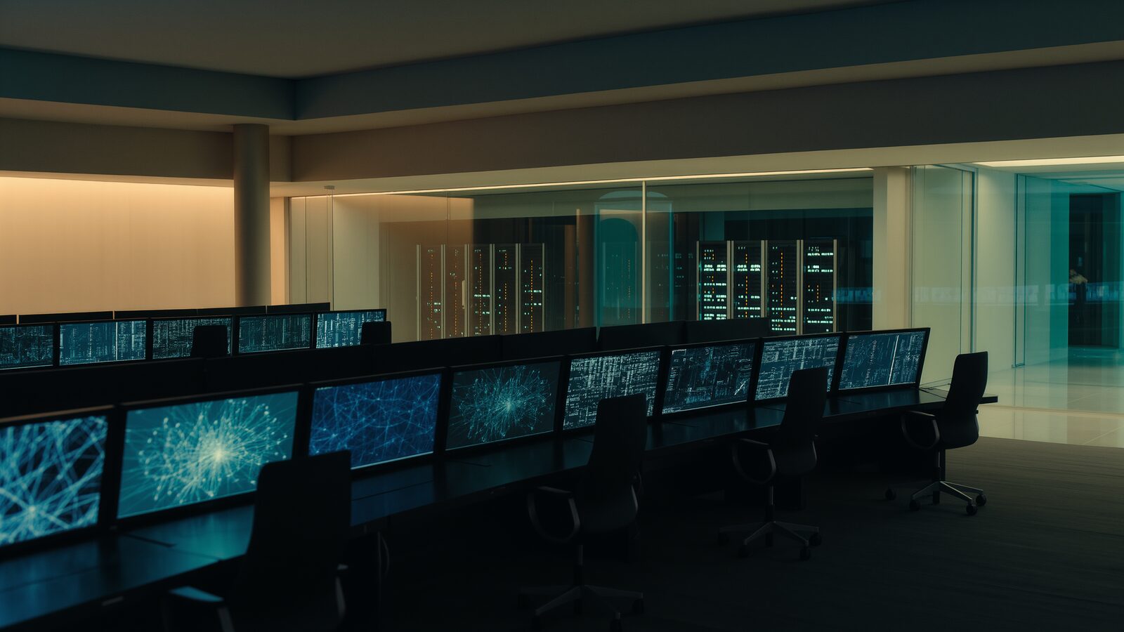 Un centro operativo di sicurezza aziendale di notte, con file di monitor che mostrano flussi di rete e configurazioni sotto una luce ambientale fredda e ambrata.