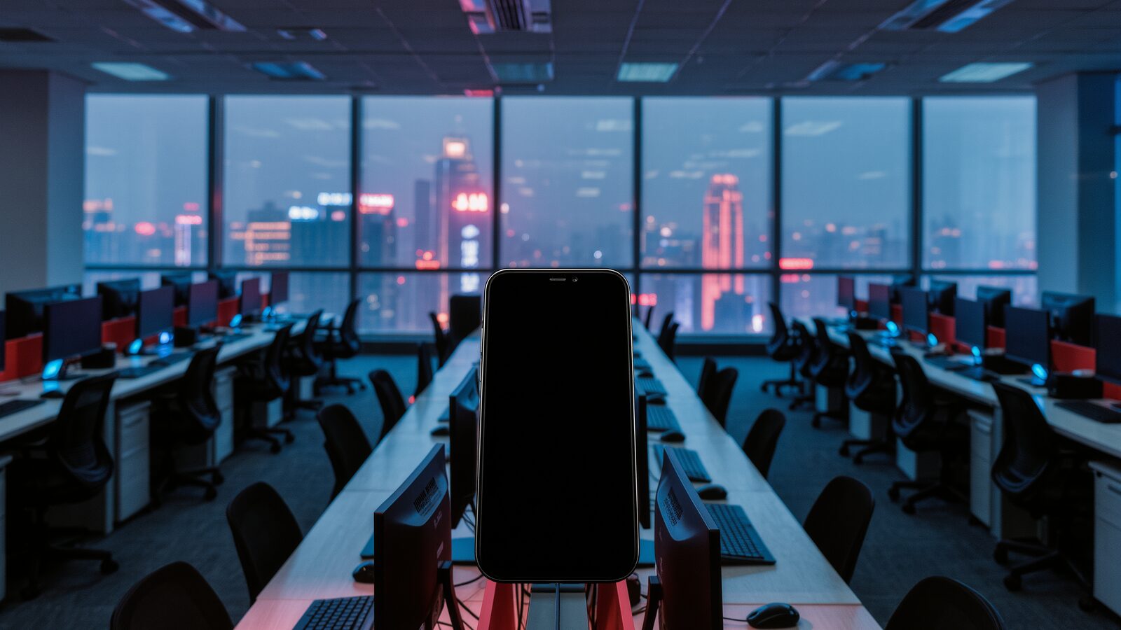 Postazioni di lavoro con schermi spenti in un campus tecnologico dell'Asia orientale: dal 15 luglio gli agenti-compagni di Doubao e Qwen risultano offline per effetto delle nuove regole di Pechino