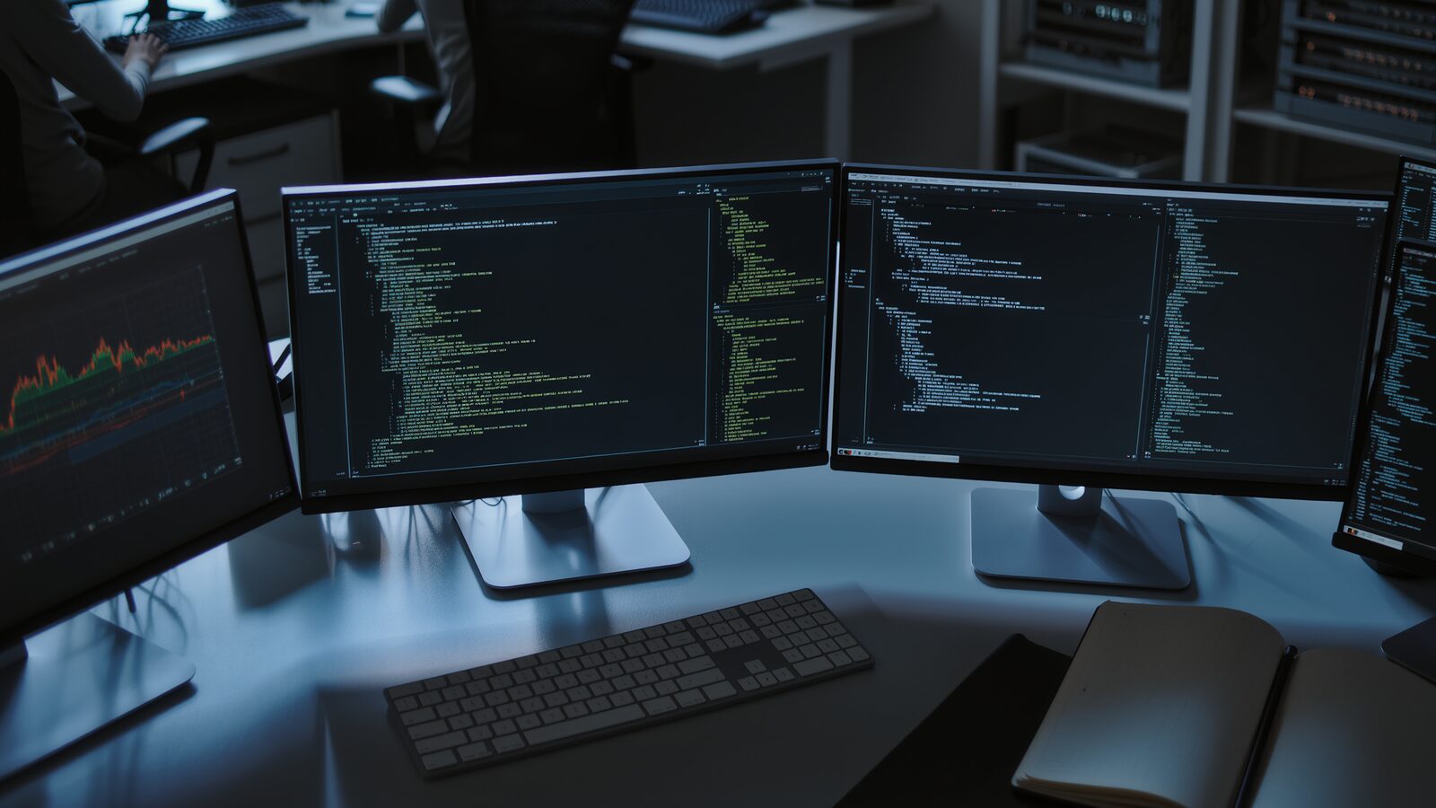 Vista dall'alto di una postazione di sviluppo software all'ora blu, con schermi che mostrano codice e grafici di performance: l'immagine richiama la sfida delle capacità di coding al centro del rinvio di Gemini 3.5 Pro.