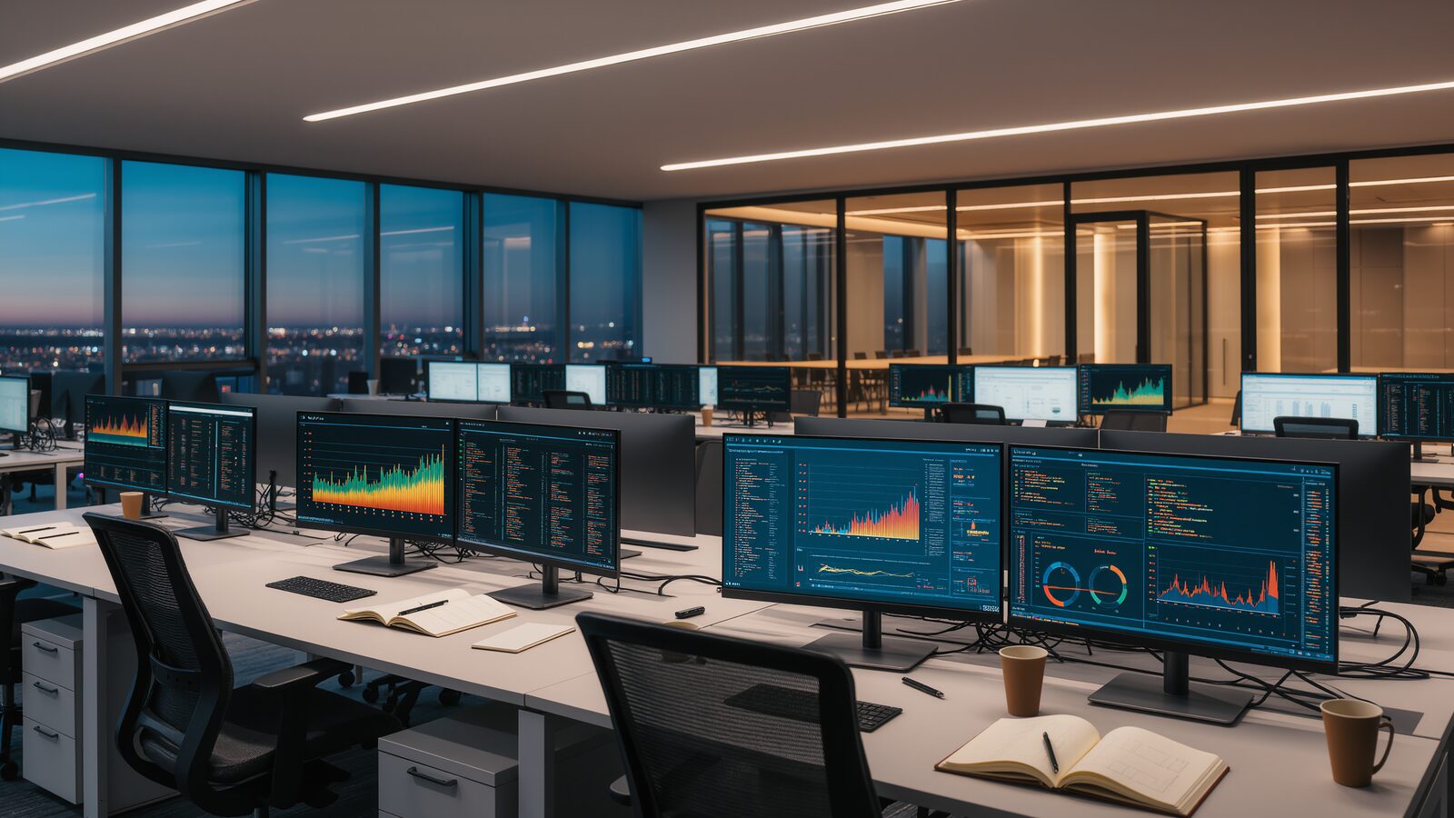 Postazioni di lavoro in un ufficio enterprise moderno, tra dashboard dati e sale riunioni in vetro: il terreno operativo dei nuovi servizi di implementazione AI