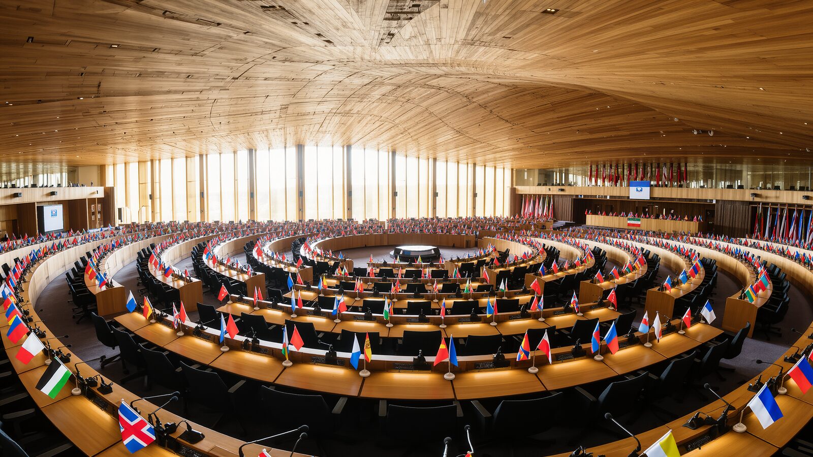 La sala di un’assemblea multilaterale a Ginevra preparata per la prima sessione del Global Dialogue on AI Governance